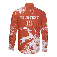Orange long-sleeve football button shirt with back YOUR TEXT 15 and large antelope logo