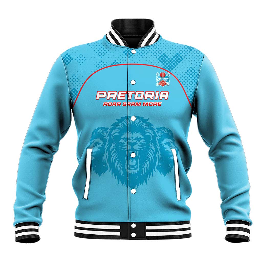 Cyan baseball varsity jacket with lion graphic, red PRETORIA text, snap buttons