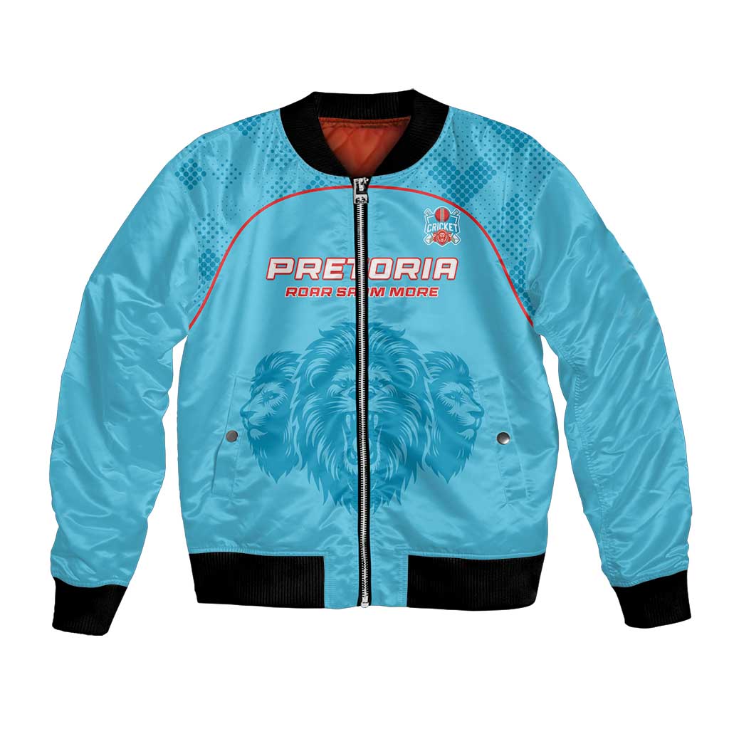 Cyan unisex bomber jacket with full-zip front, ribbed cuffs, lion emblem graphic