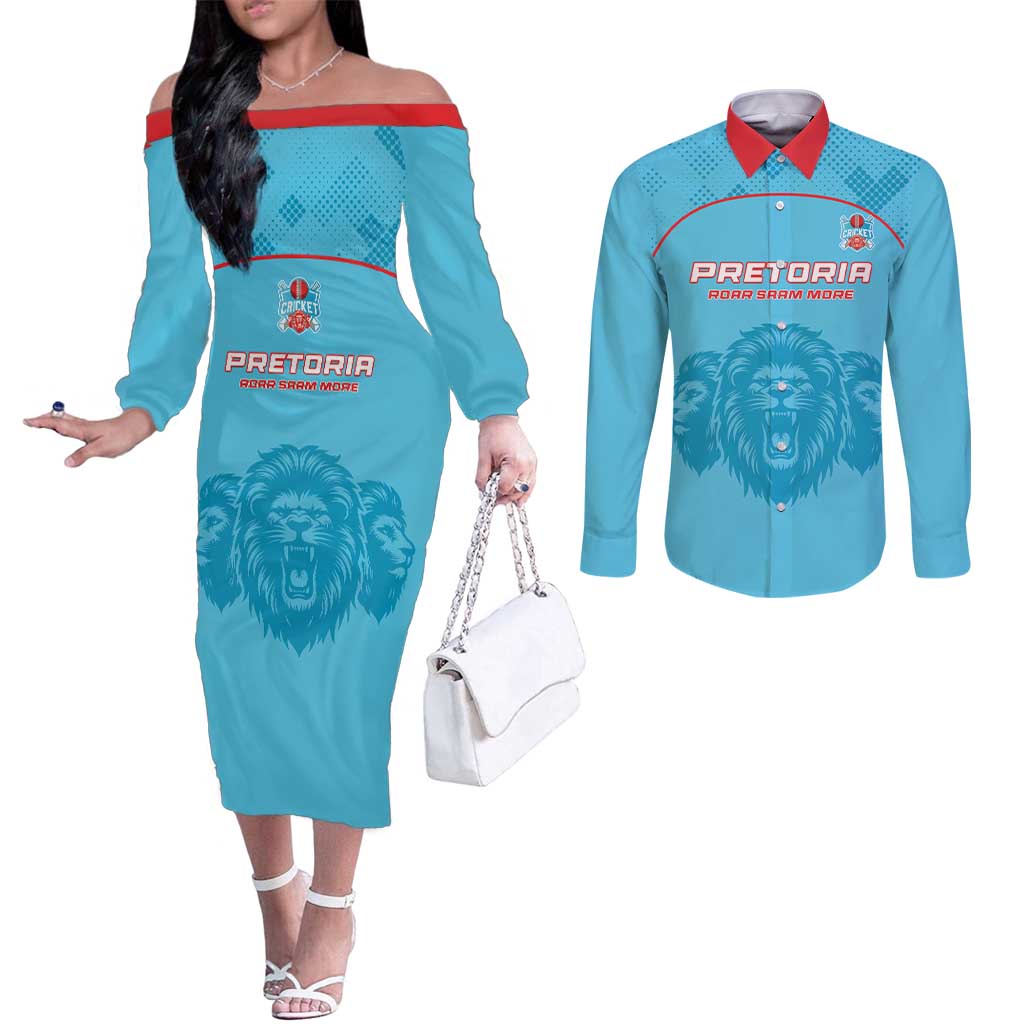 Custom South Africa Pretoria Cricket Couples Matching Off The Shoulder Long Sleeve Dress and Long Sleeve Button Shirt Roar Saam More - This Is Pretoria