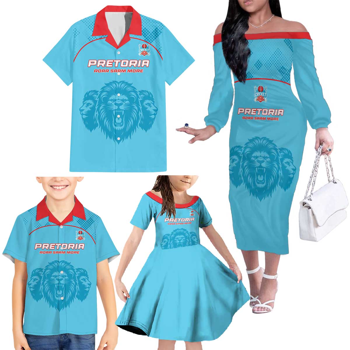 Custom South Africa Pretoria Cricket Family Matching Off The Shoulder Long Sleeve Dress and Hawaiian Shirt Roar Saam More - This Is Pretoria - Wonder Print Shop