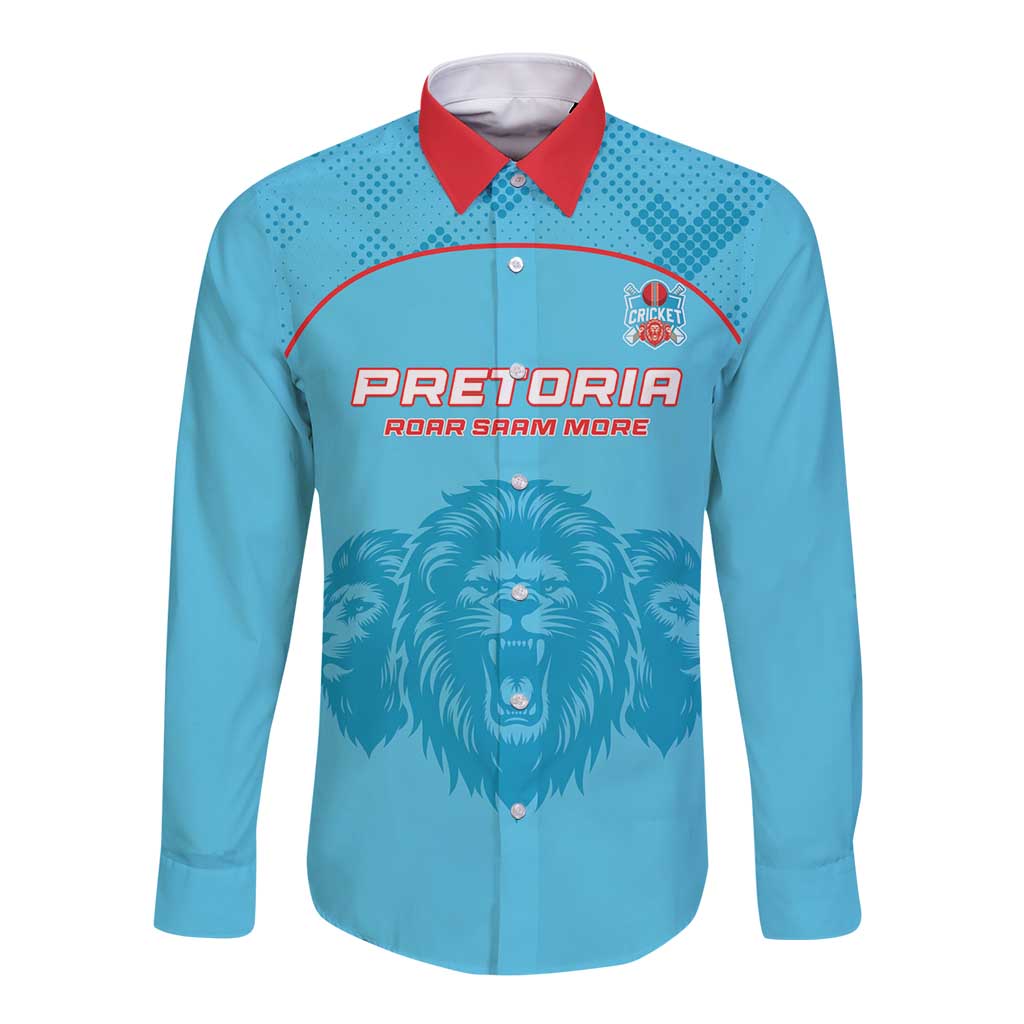 Cyan long-sleeve button cricket shirt with red collar and Pretoria front lion graphic