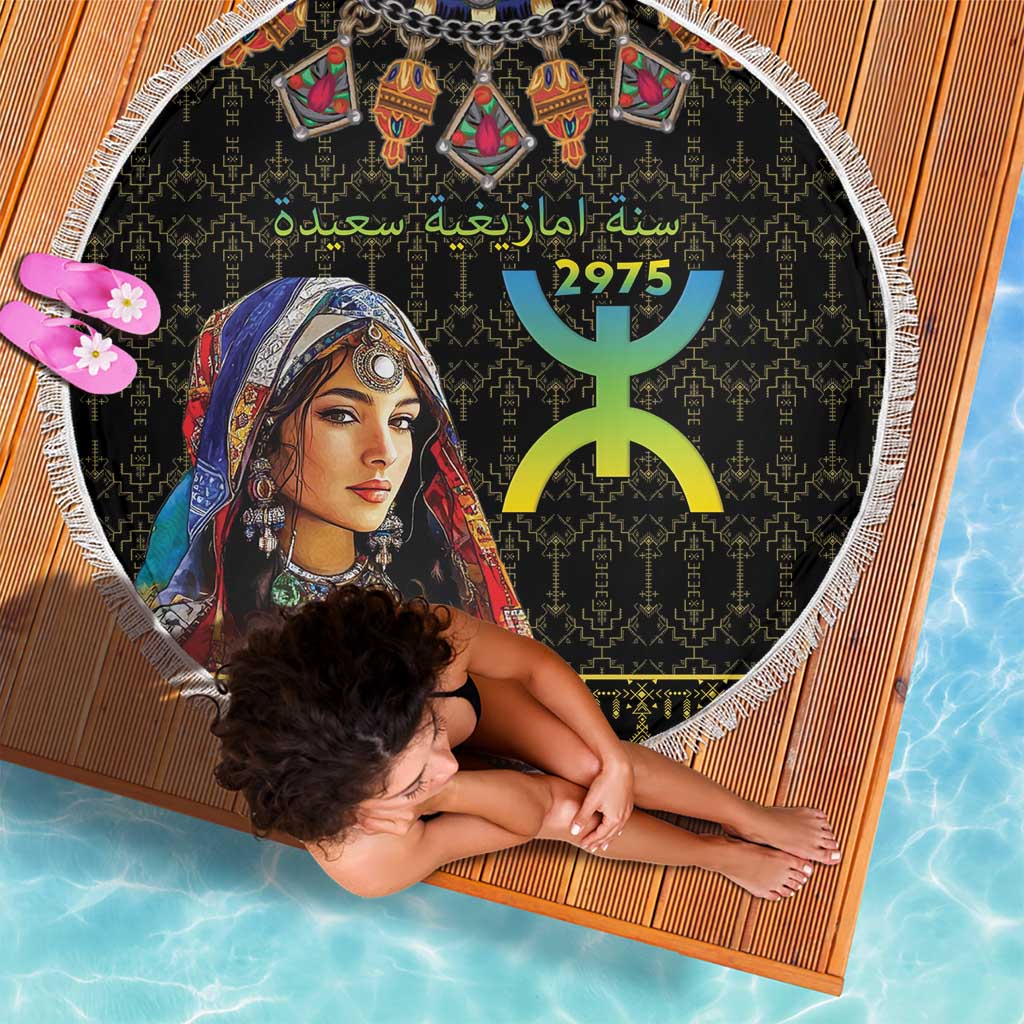 150cm round black beach blanket with white fringe, Amazigh woman portrait and patterned icons