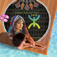 150cm round black beach blanket with white fringe, Amazigh woman portrait and patterned icons