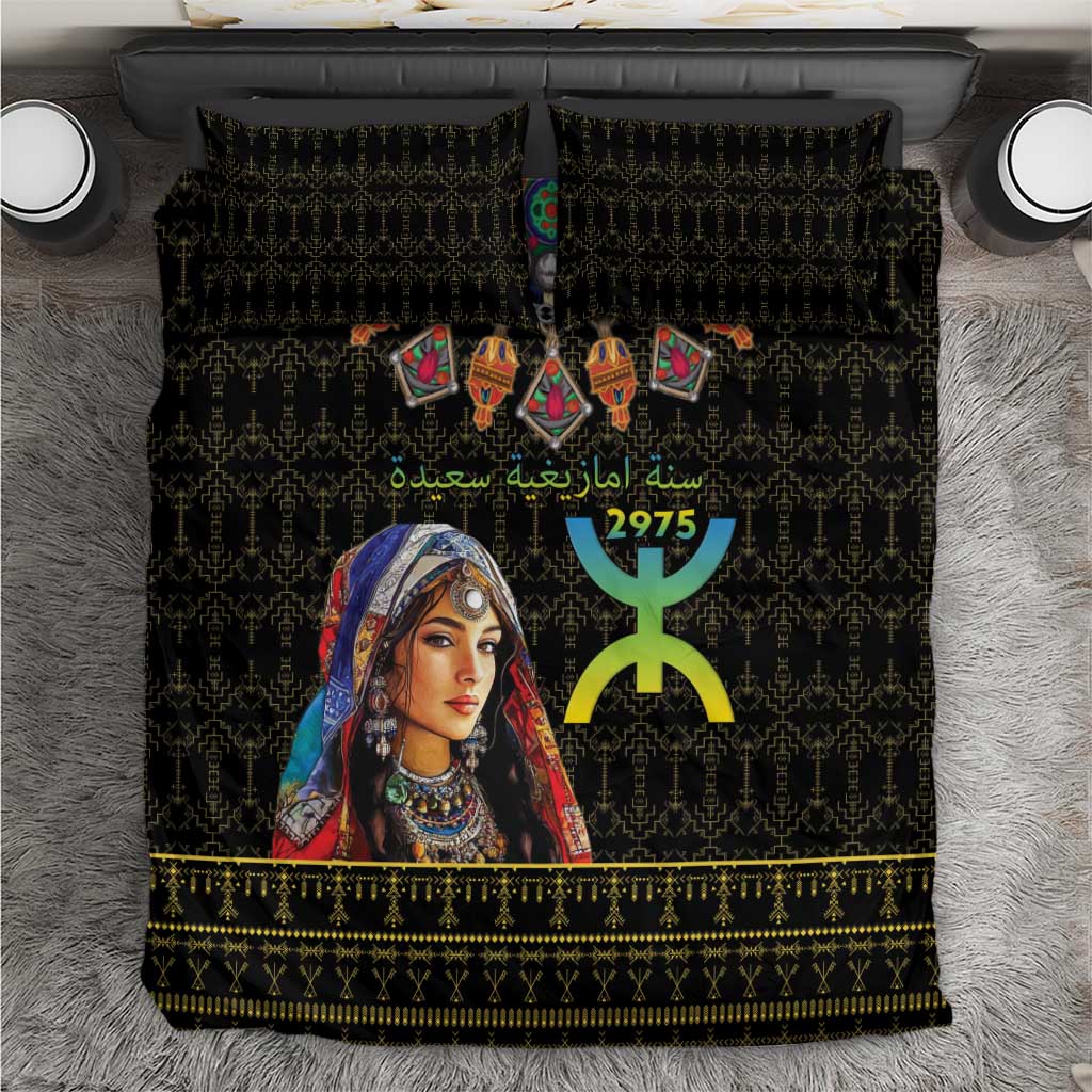 Black Berber-pattern bedding set with woman portrait, gold trim, includes two pillow covers
