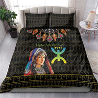 Black bedding set with woman portrait duvet, two pillow covers, Berber motifs and gold border