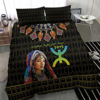 Black duvet and two pillow covers with woman portrait, colorful Berber symbols, gold trim