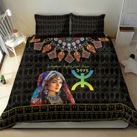 Black bedding set showing duvet and two pillows with woman portrait and gold decorative border