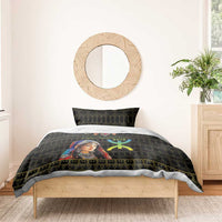 Black duvet with woman portrait, gold Berber trim, paired with two matching pillow covers