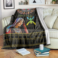 Black Berber pattern blanket with woman portrait, colorful symbols, and gold border