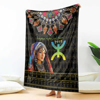Black Berber pattern blanket with large woman portrait, teal 2975 motif, and gold trim