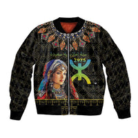 Black bomber jacket with colorful Amazigh-style woman graphic and geometric trim