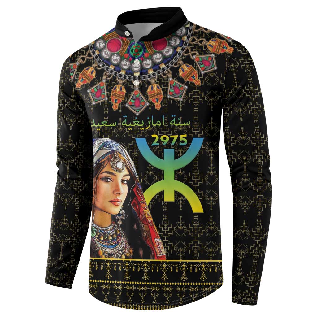 Black button sweatshirt with multicolor tribal motif, beaded collar pattern, and portrait