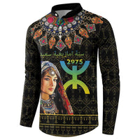 Black button sweatshirt with multicolor tribal motif, beaded collar pattern, and portrait