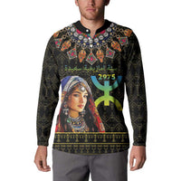 Black button sweatshirt with portrait panel and multicolor beaded collar design
