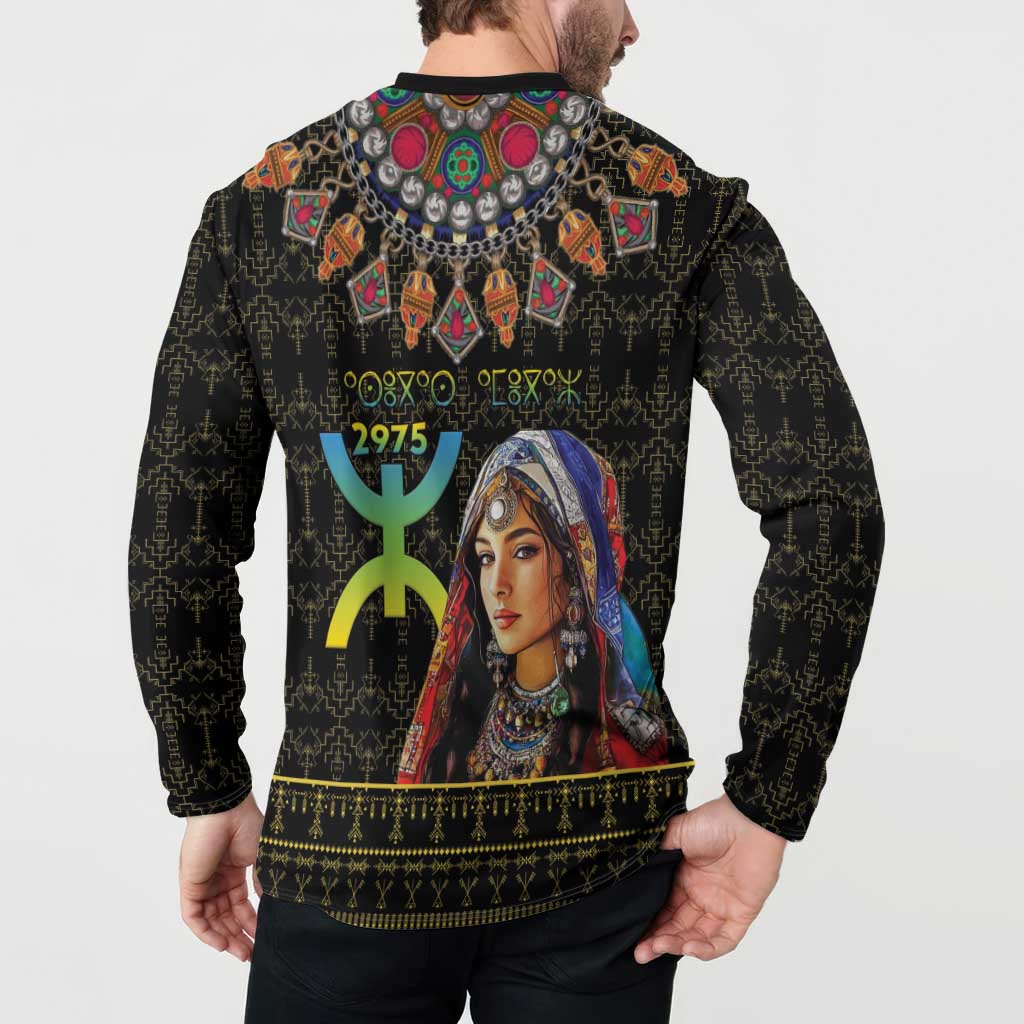 Black button sweatshirt with full back graphic, green emblem, and geometric border