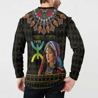 Black button sweatshirt with full back graphic, green emblem, and geometric border