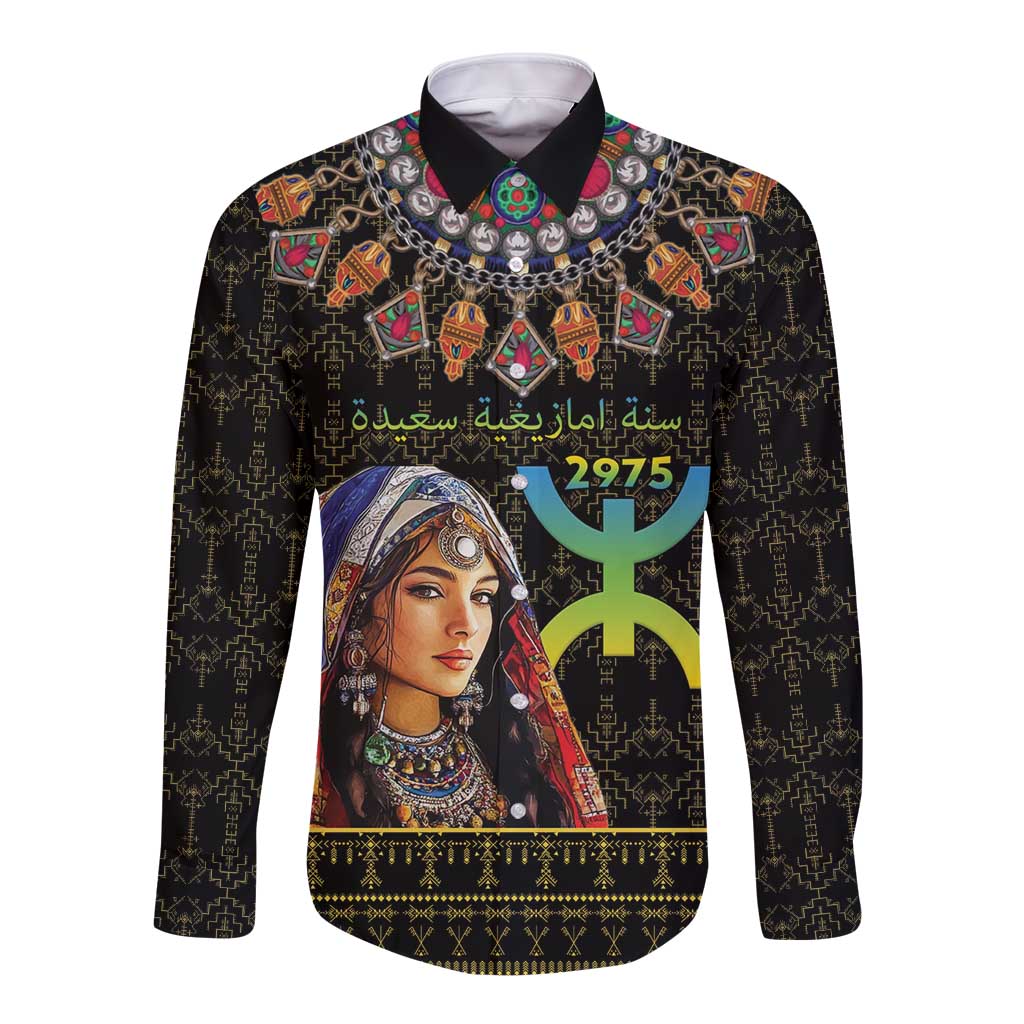 Black long-sleeve button shirt with ornate Amazigh portrait and necklace graphic
