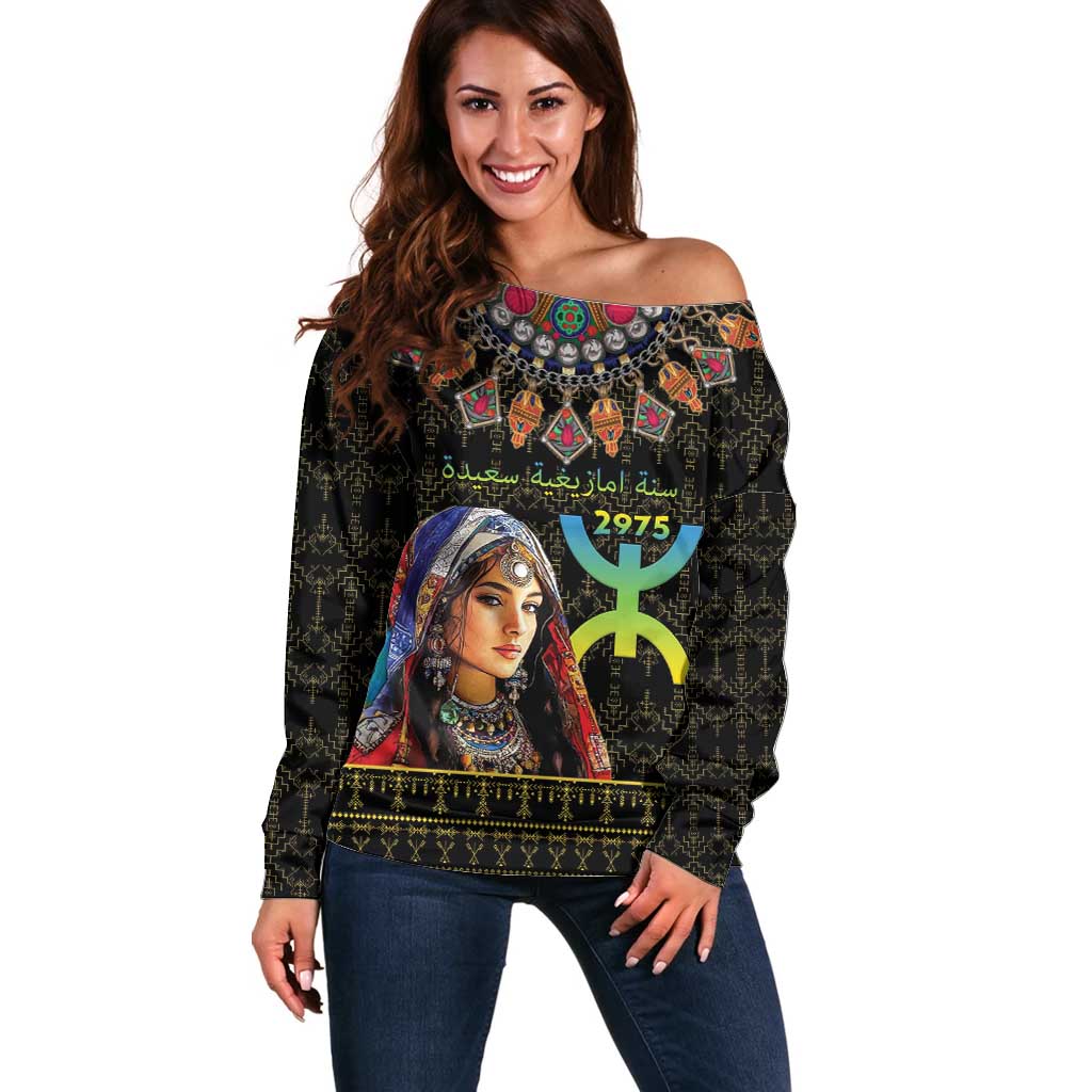 Happy Amazigh New Year Off Shoulder Sweater With Women Amazigh - Berber Pattern