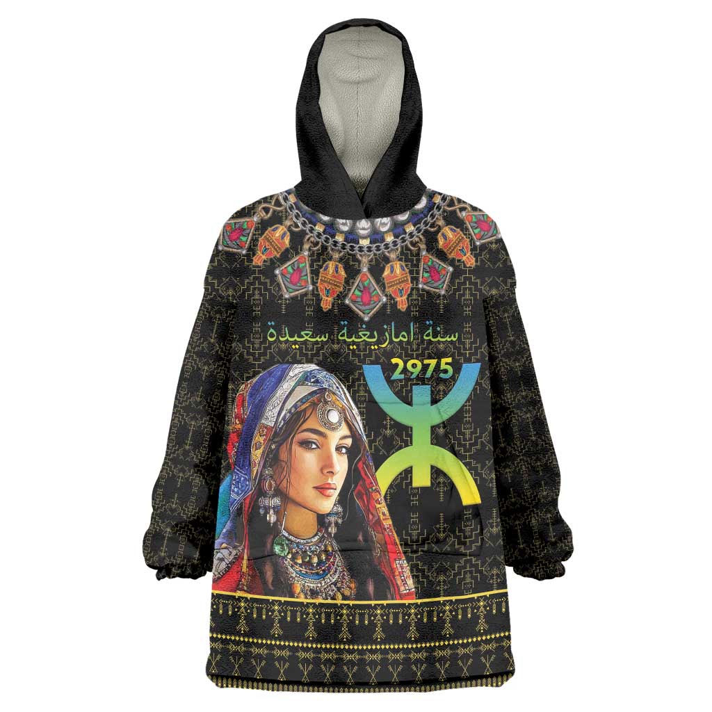 Happy Amazigh New Year Wearable Blanket Hoodie With Women Amazigh - Berber Pattern