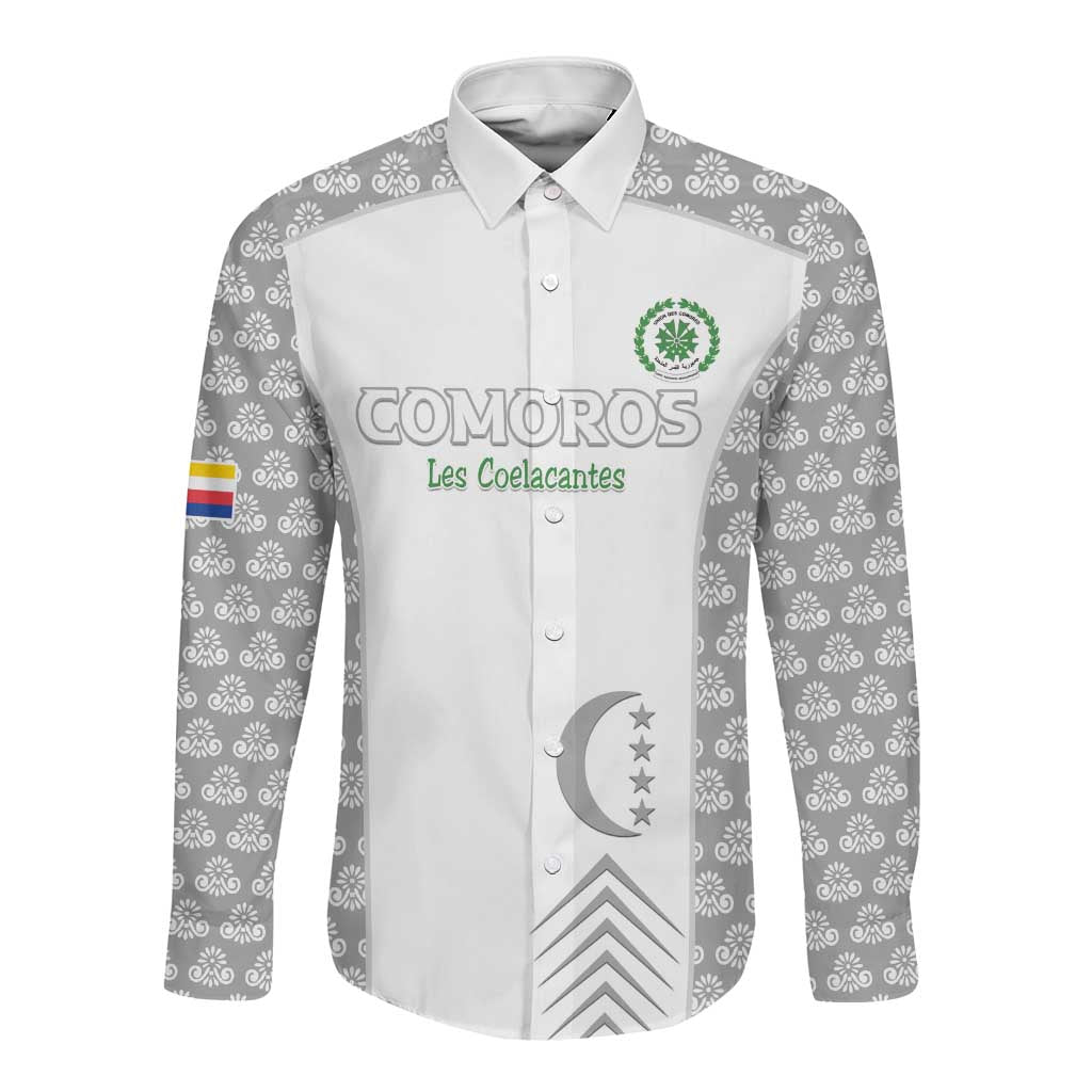 Custom Comoros Football Long Sleeve Button Shirt Go Champions White Les Coelacantes - Wonder Print Shop