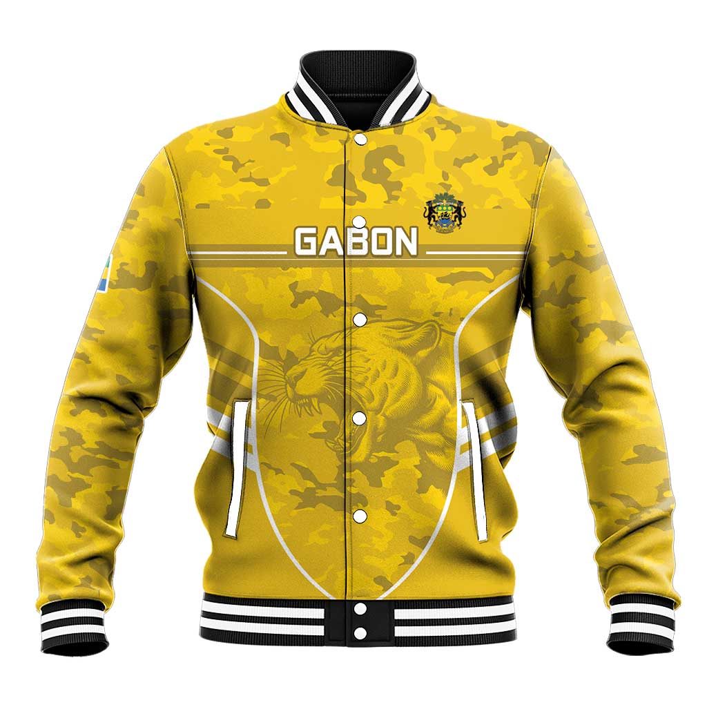 Yellow camo baseball football jacket with button front, striped ribs; GABON panther graphic