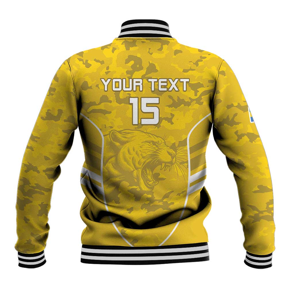 Yellow camo baseball football jacket back, ribbed collar and cuffs; YOUR TEXT 15 panther