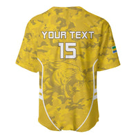Yellow camo football jersey back with YOUR TEXT and number 15, crew neck