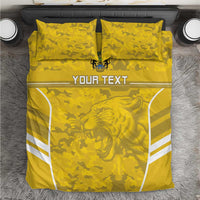 Yellow football bedding set with lion graphic, camo pattern, white stripe accents, 2 pillows