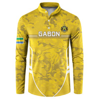 Yellow camouflage button-front football sweatshirt with lion emblem and GABON logo