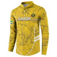 Yellow camouflage button-front football sweatshirt with GABON graphic and crest