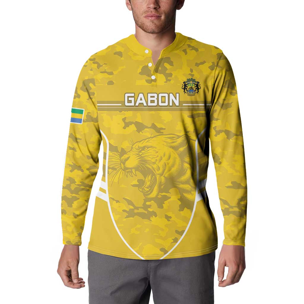 Yellow camouflage button-front football sweatshirt worn by model, GABON front print