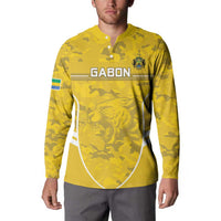 Yellow camouflage button-front football sweatshirt worn by model, GABON front print