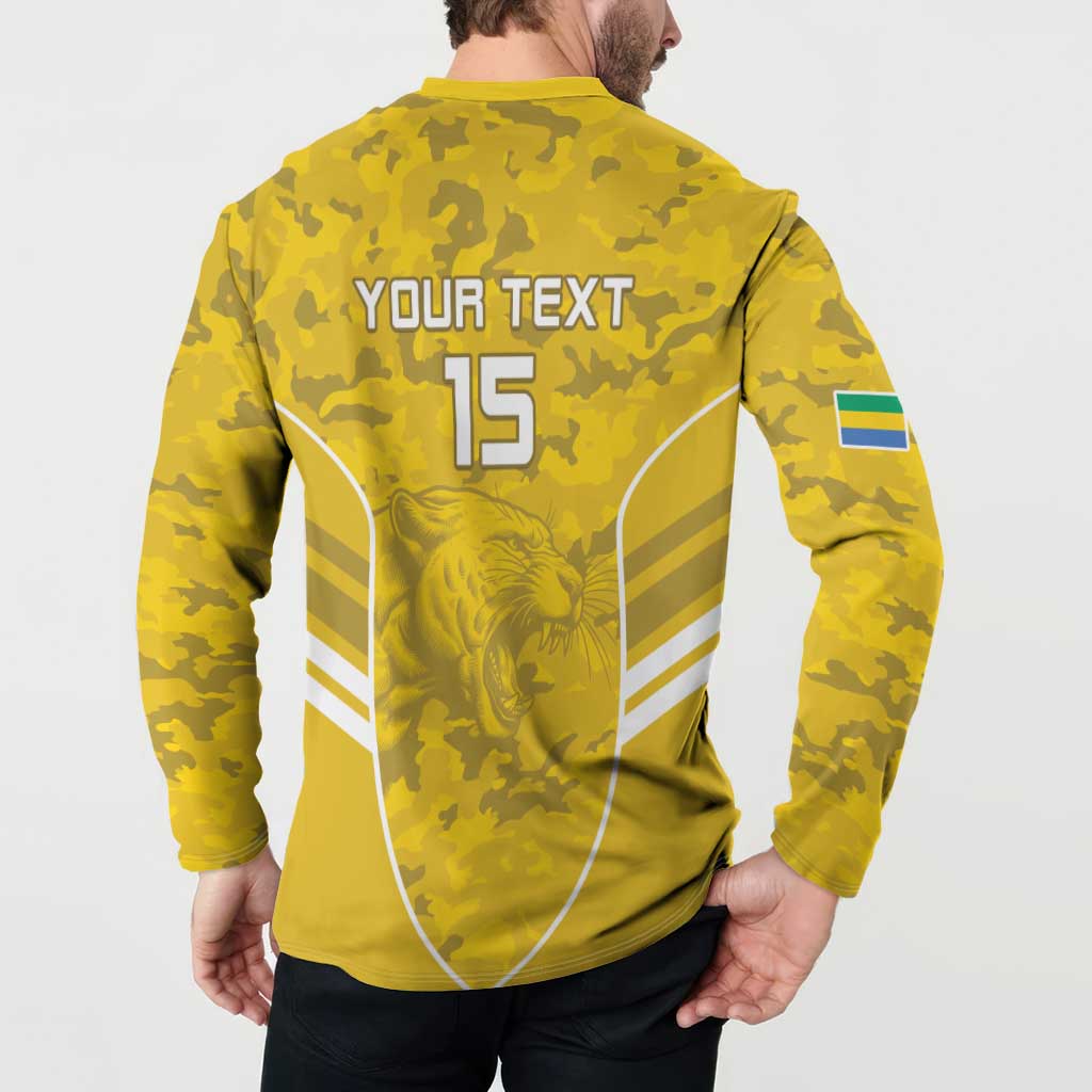 Yellow camouflage football sweatshirt back worn by model, YOUR TEXT 15 and white stripes