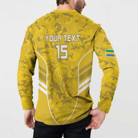 Yellow camouflage football sweatshirt back worn by model, YOUR TEXT 15 and white stripes