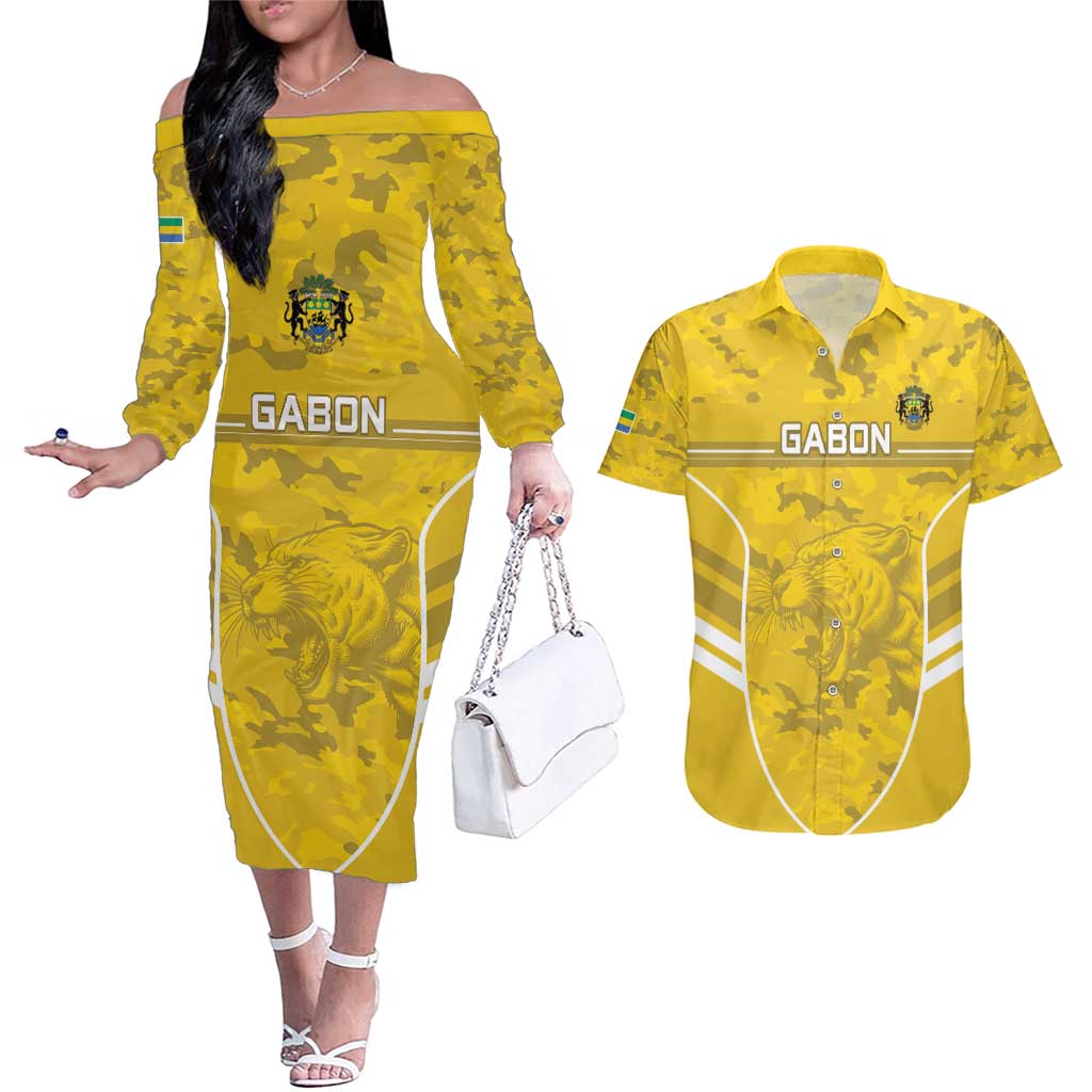 Custom Gabon Football Couples Matching Off The Shoulder Long Sleeve Dress and Hawaiian Shirt Go Panthers