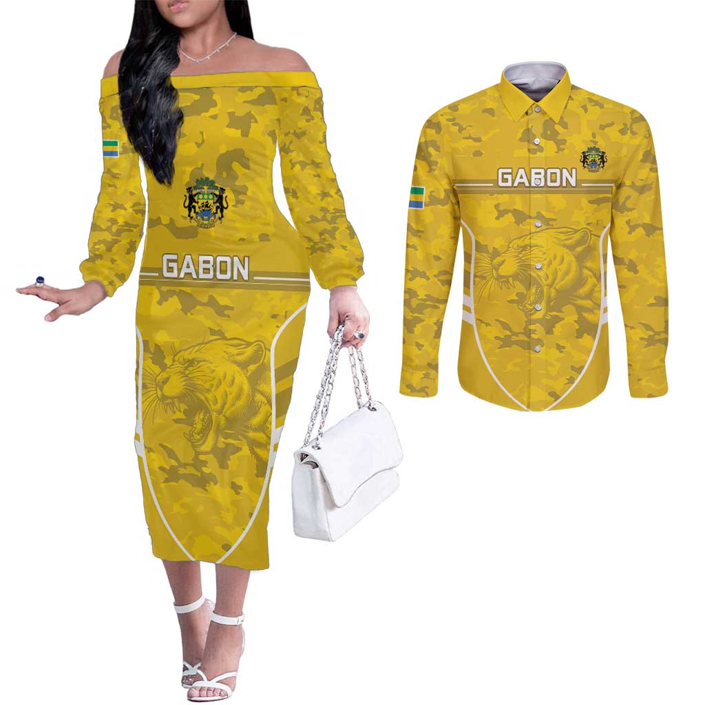 Custom Gabon Football Couples Matching Off The Shoulder Long Sleeve Dress and Long Sleeve Button Shirt Go Panthers