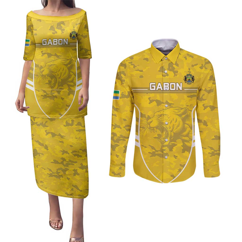 Custom Gabon Football Couples Matching Puletasi and Long Sleeve Button Shirt Go Panthers