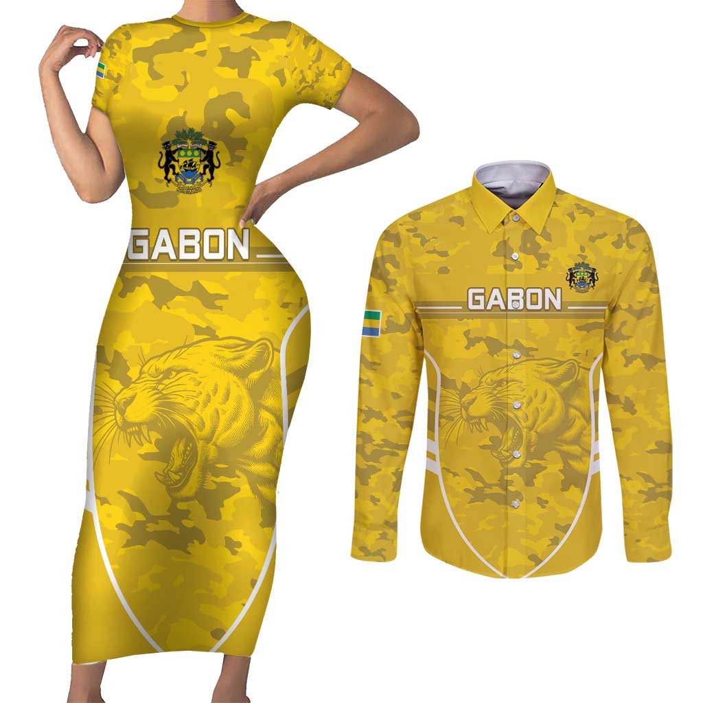 Custom Gabon Football Couples Matching Short Sleeve Bodycon Dress and Long Sleeve Button Shirt Go Panthers