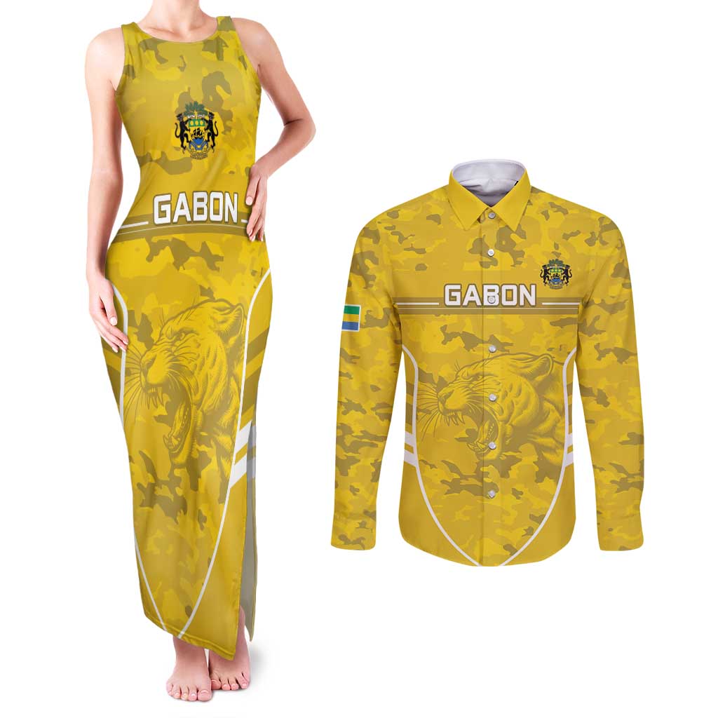 Custom Gabon Football Couples Matching Tank Maxi Dress and Long Sleeve Button Shirt Go Panthers