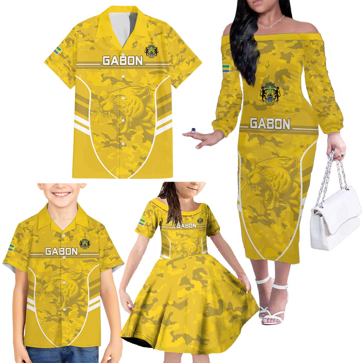 Custom Gabon Football Family Matching Off The Shoulder Long Sleeve Dress and Hawaiian Shirt Go Panthers