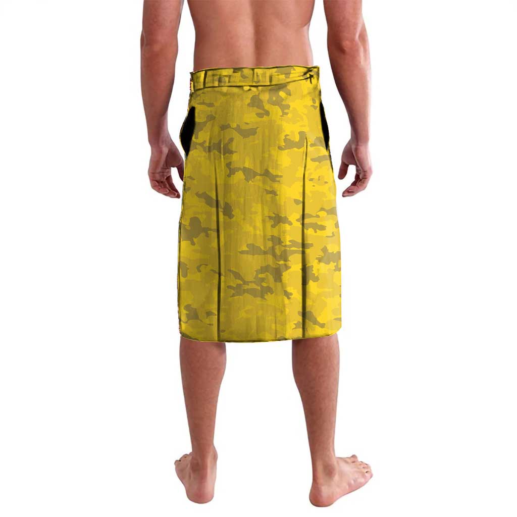 Yellow camouflage lavalava-style shorts with stitched pleats and drawcord waist