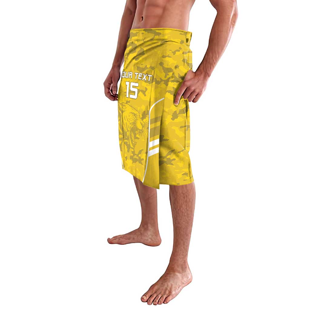 Yellow camouflage football lavalava-style shorts with side panel and number 15
