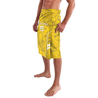 Yellow camouflage football lavalava-style shorts with side panel and number 15