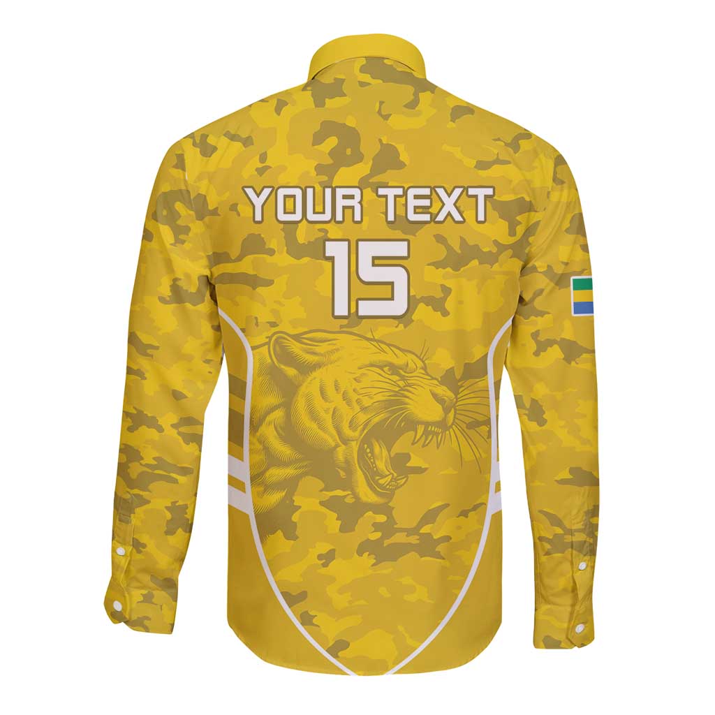 Yellow camo football button-up long sleeve shirt back with text YOUR TEXT and 15