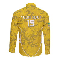 Yellow camo football button-up long sleeve shirt back with text YOUR TEXT and 15