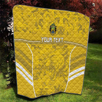 Yellow football quilt blanket with white goal-area lines and custom text, crest emblem center