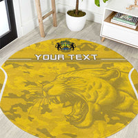 Round yellow football rug with printed lion crest and 'YOUR TEXT' banner