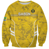 Yellow camo football sweatshirt with GABON print, lion graphic, crew neck and long sleeves
