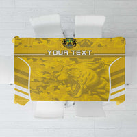 Yellow custom football tablecloth with lion graphic, crest, and “YOUR TEXT”